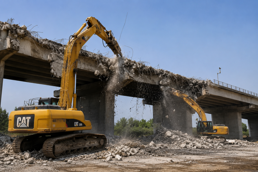 Bridge demolition project by Star Construction using heavy excavators in India